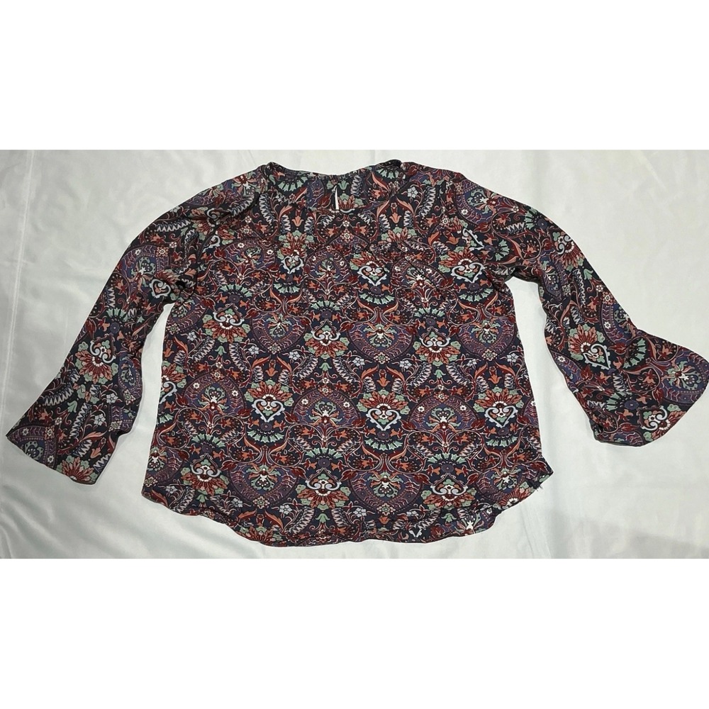 Loft Blouse Womens Small Blue Paisley Boho Bell Sleeve
